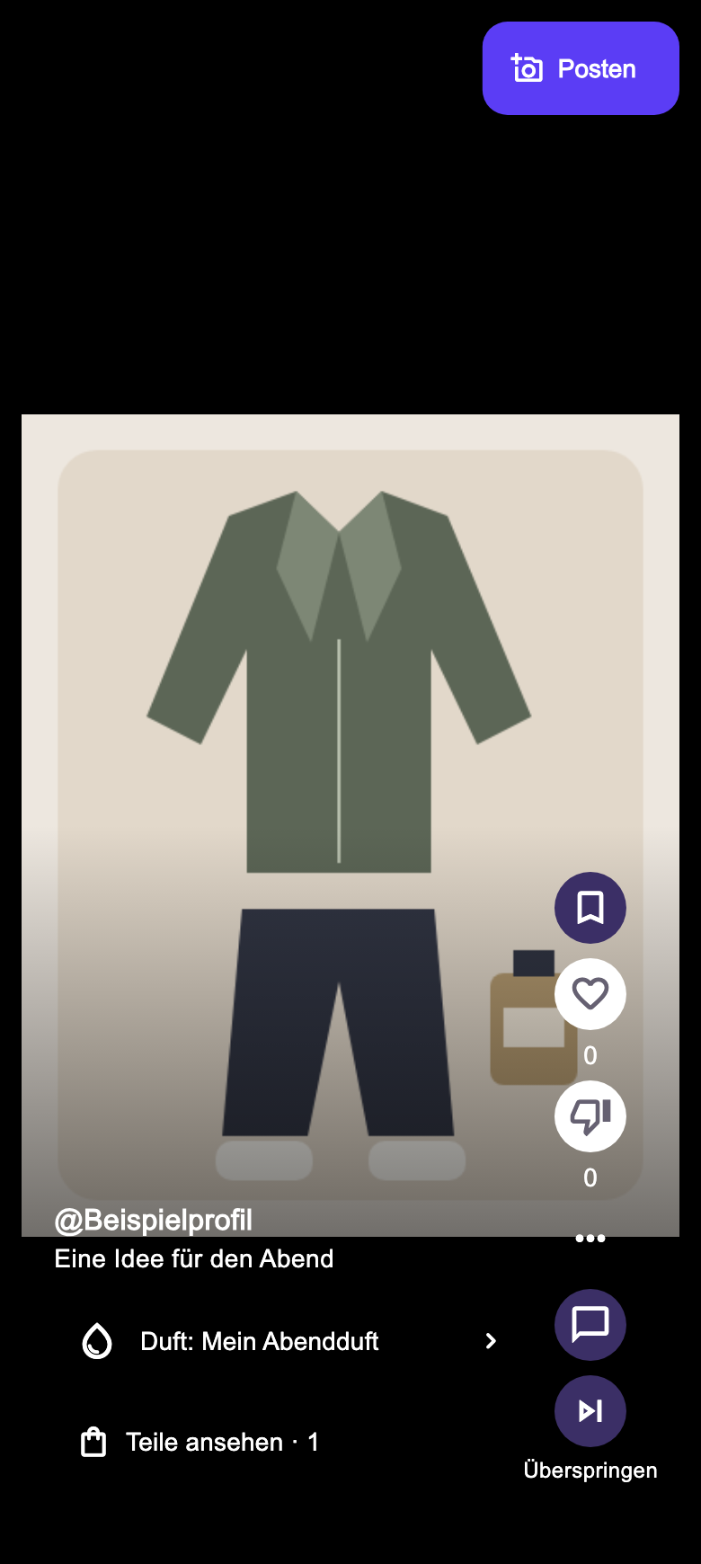 MyScentr-Bewertungsansicht mit illustriertem Outfit, Duft und Einkaufstasche.